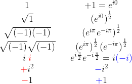 \begin{matrix} 1 & &+1=e^{i0}\\ \sqrt 1 & & e^{\frac{i0}{2} }\\ \sqrt{(-1)(-1)} & & \left (e^{i\pi}e^{-i\pi} \right )^{\frac{1}{2}}\\ \sqrt{(-1)}\sqrt{(-1)}& & \left (e^{i\pi} \right )^{\frac{1}{2}}\left (e^{-i\pi} \right )^{\frac{1}{2}}\\ i\:{\color{Red} i} && e^{i\frac{\pi}{2}}e^{-i\frac{\pi}{2}}= i {\color{Blue} (-i)} \\ {\color{Red} +}i^2 && {\color{Blue} -}i^2\\ {\color{Red} -}1 && {\color{Blue} +}1\\ & \\ & \\ & \end{matrix}